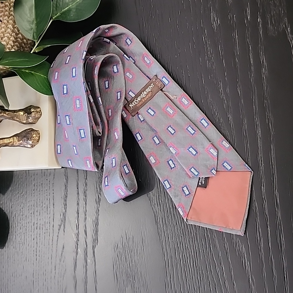 YSL VINTAGE 80s YVES SAINT LAURENT Mens Silk Tie Suit Gray Geometric Retro - Picture 9 of 13